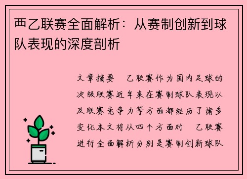 覀乙联赛全面解析：从赛制创新到球队表现的深度剖析