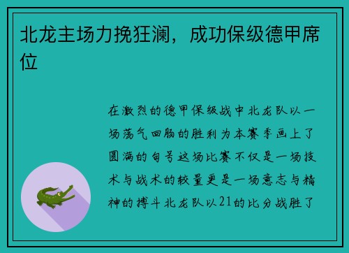 北龙主场力挽狂澜，成功保级德甲席位